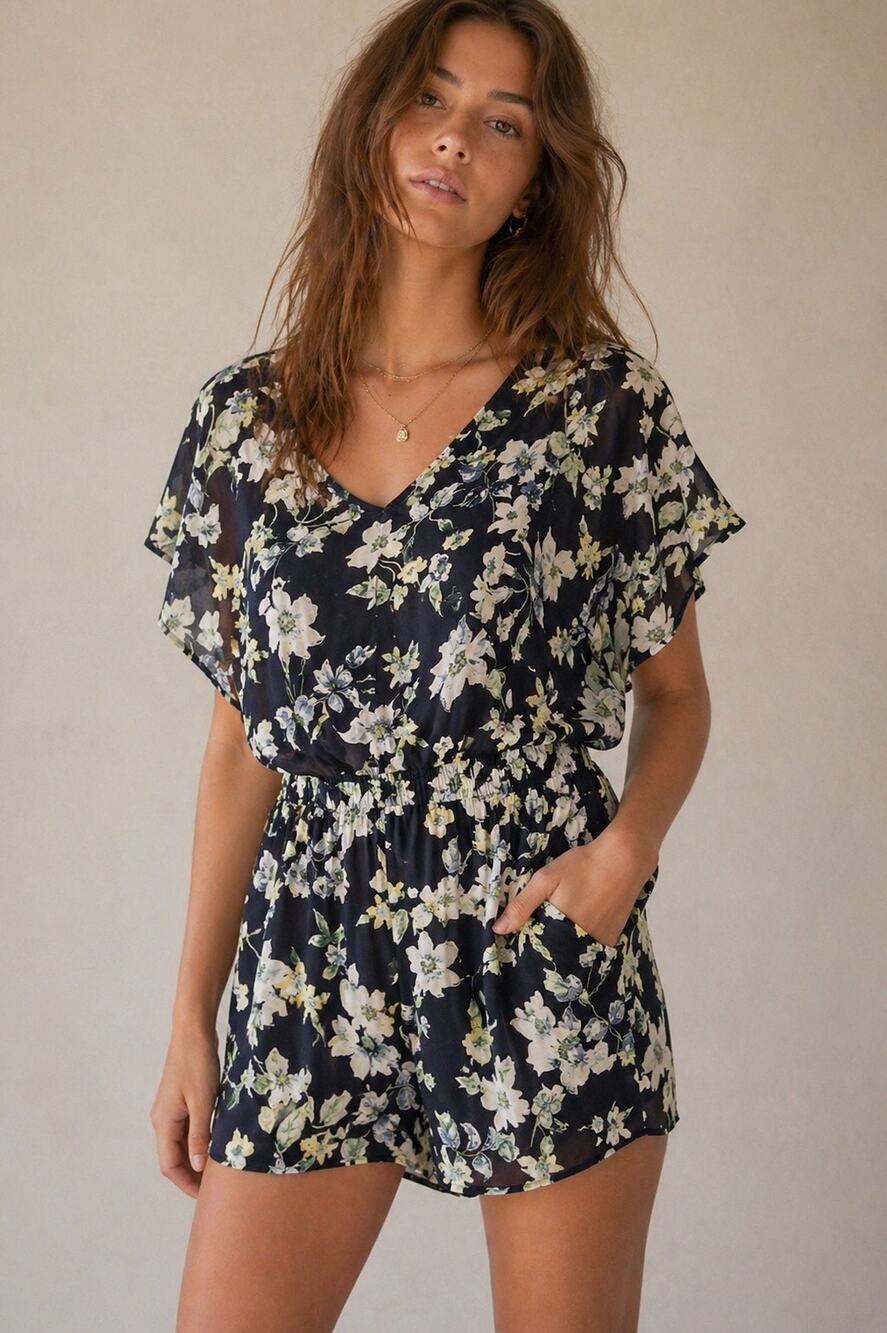 Lucca Couture Womens Floral Print Navy Butterfly Flutter Sleeve Romper Size XS